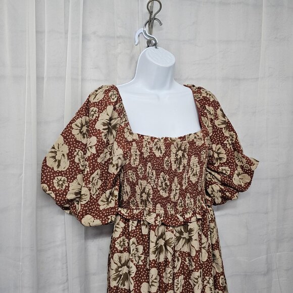 Entro Jumpsuit Wide Leg Floral Boho Coquette Cottage Smocked Puffed Sleeve L - Picture 4 of 13
